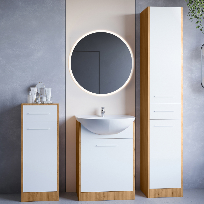 fürdőszobabútor tükörrel Slido mini LED Artisan tölgyfehér laminált